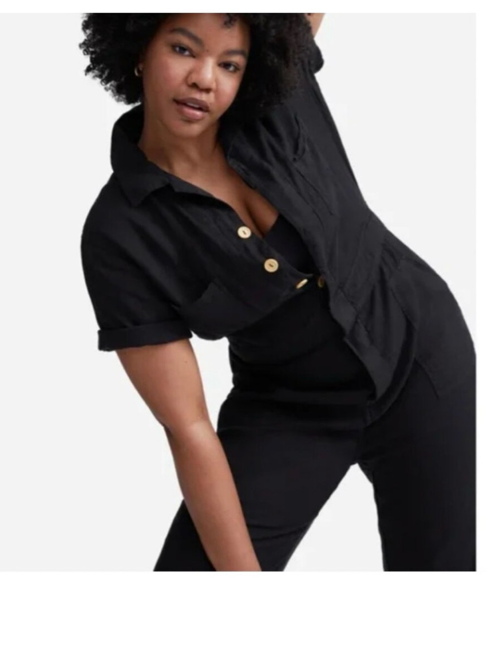 Mate The Label Black 100% Linen Short sleeve  Utility Jumpsuit XS